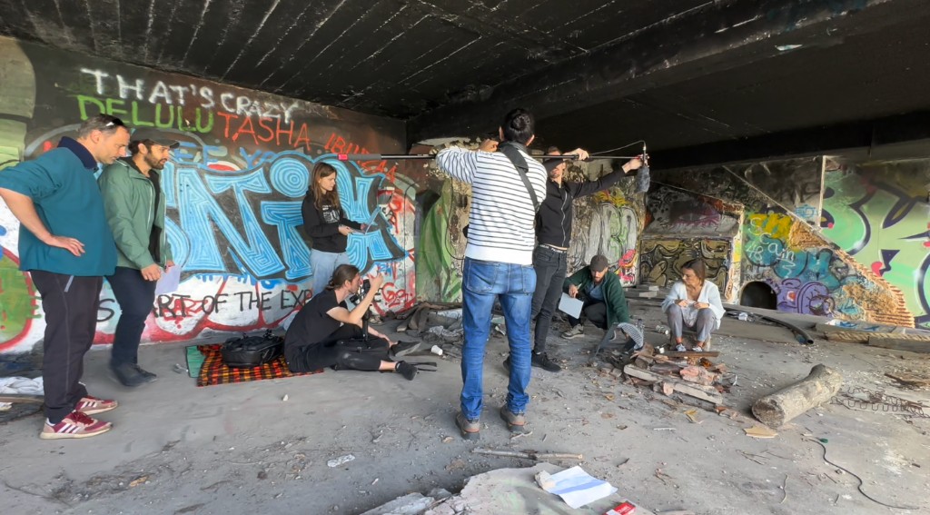 Independent film crew filming on location